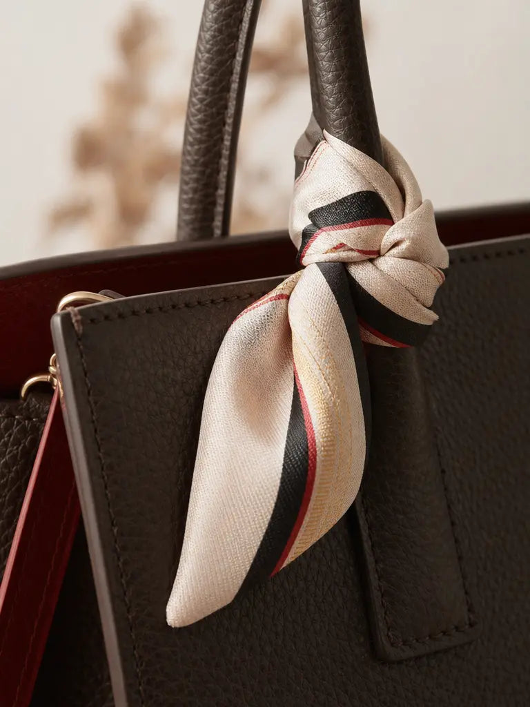 Professional fashion material macro, 3:4. Close‑up of the silk bandeau tied on the handle of the Gra