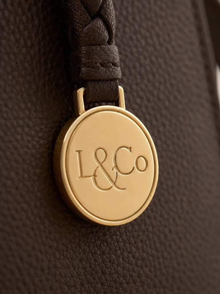 Professional fashion material macro, 3:4. Extreme close‑up of the hot‑stamped L&Co golden medallion