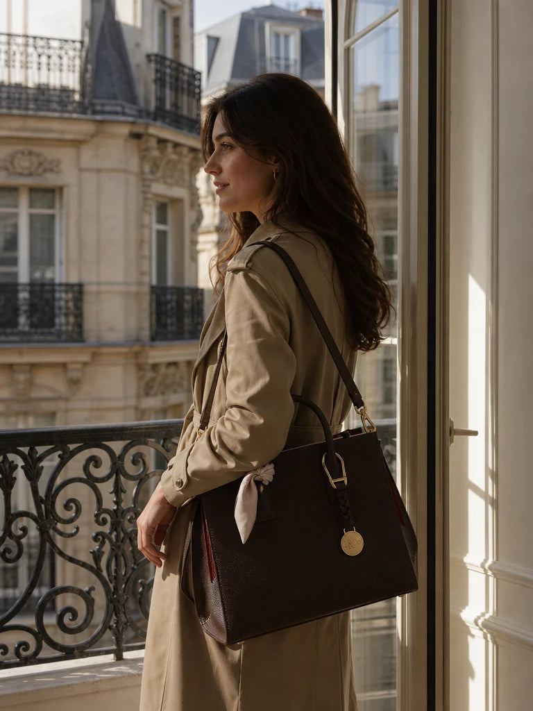 Professional editorial fashion hero, 3:4. The Grand Cabas de Voyage Structuré "Léonard Luxe" in marr