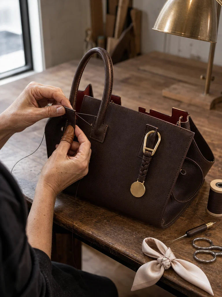 Authentic behind‑the‑scenes photograph, 3:4. A pair of artisan’s hands (a woman in her 40s) work on