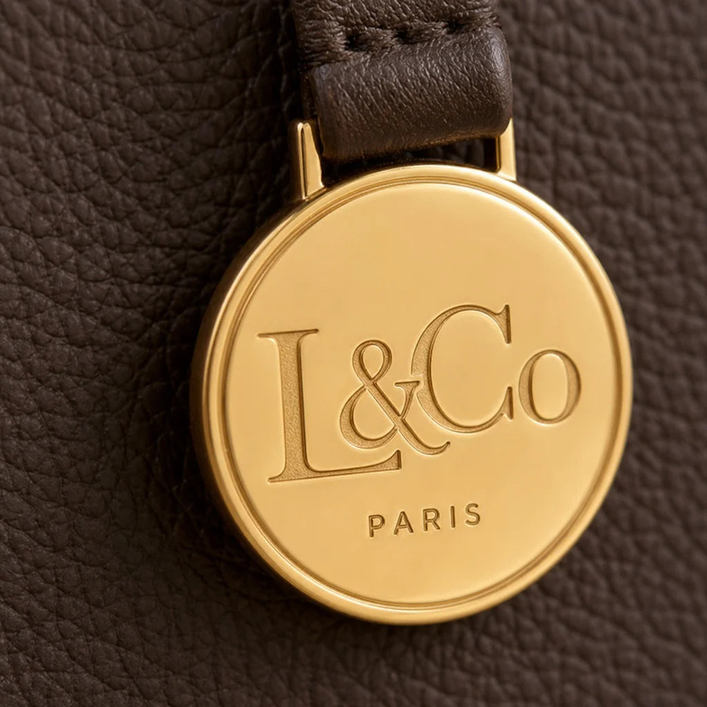 Professional fashion material macro, 1:1. Zoom on the hot‑stamped golden medallion of the Grand Caba